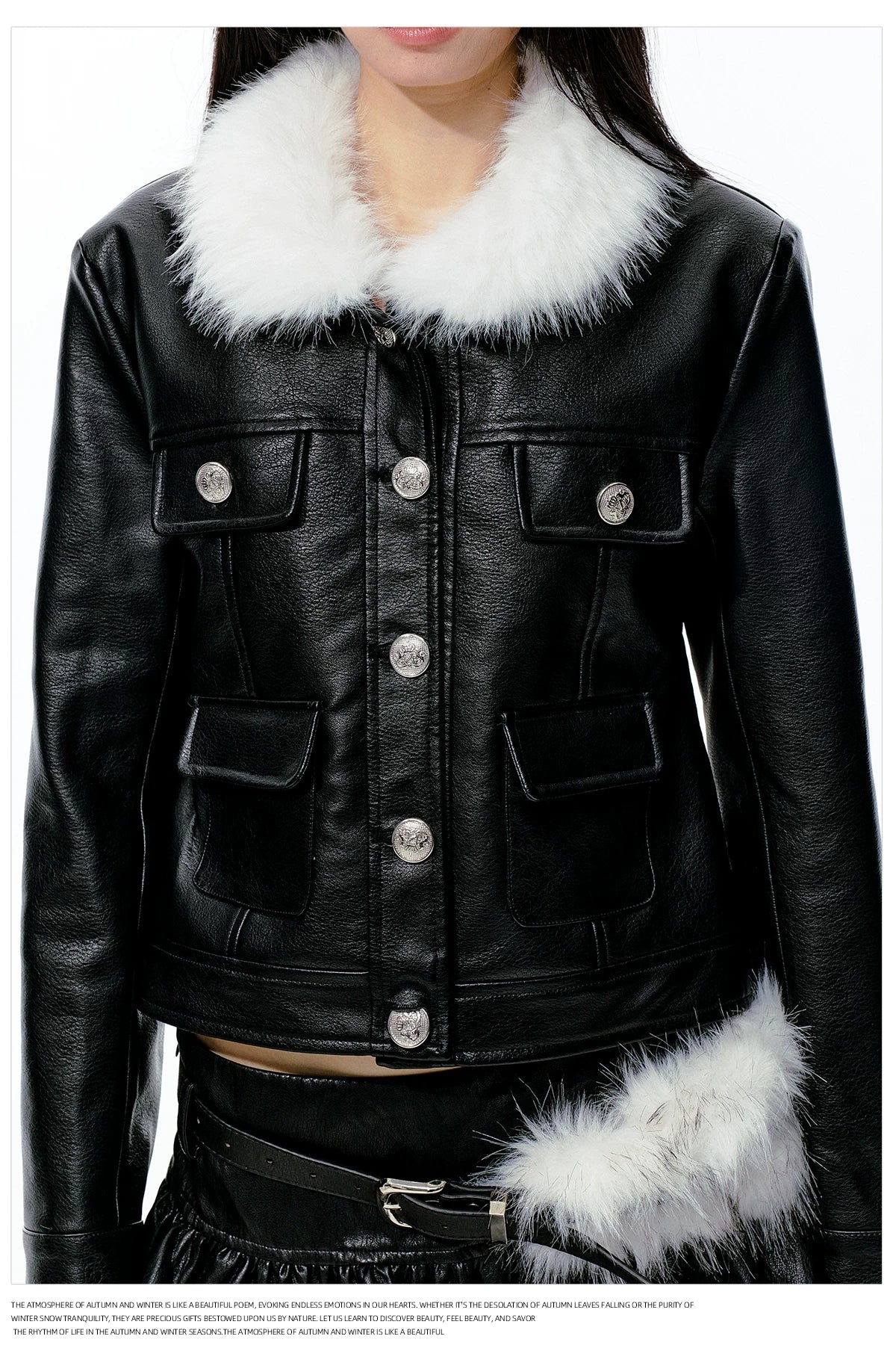 JN's DESIGN - Black Faux Leather Jacket & A-Line Skirt Set with Detachable Faux Fur