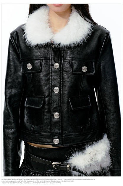 JN's DESIGN - Black Faux Leather Jacket & A-Line Skirt Set with Detachable Faux Fur