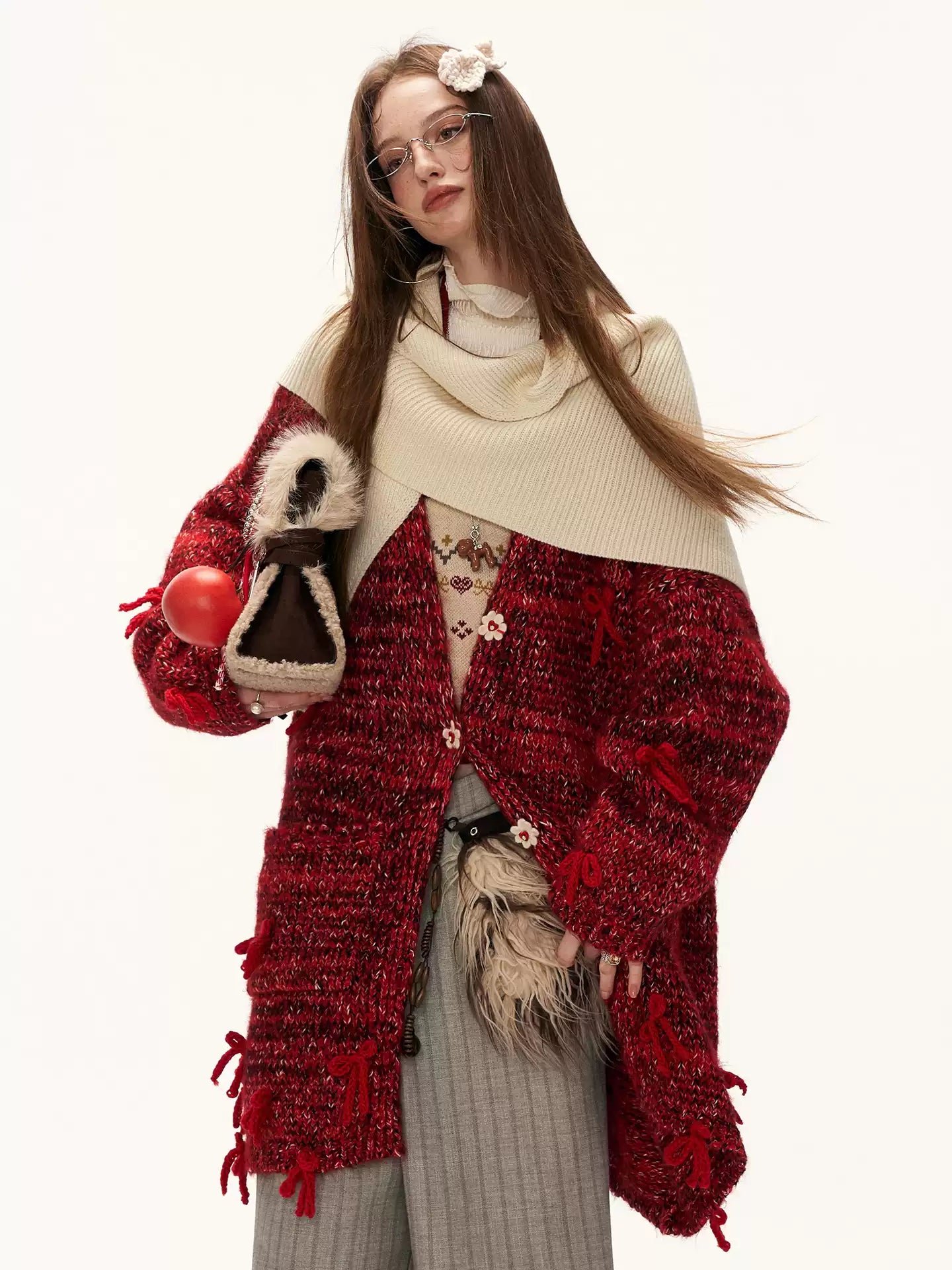 MAMC - Mid-Length Red Bow & Floral Knit Cardigan WE900