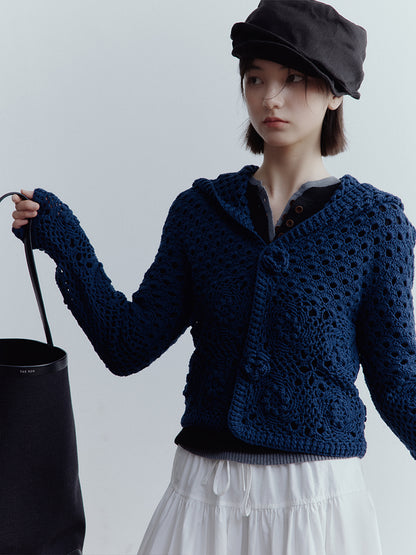 FUSSED Garden Midnight Garden Hand-Crocheted 3D Rose Knit Cardigan – Dusky Blue Cotton FOF-25SS176