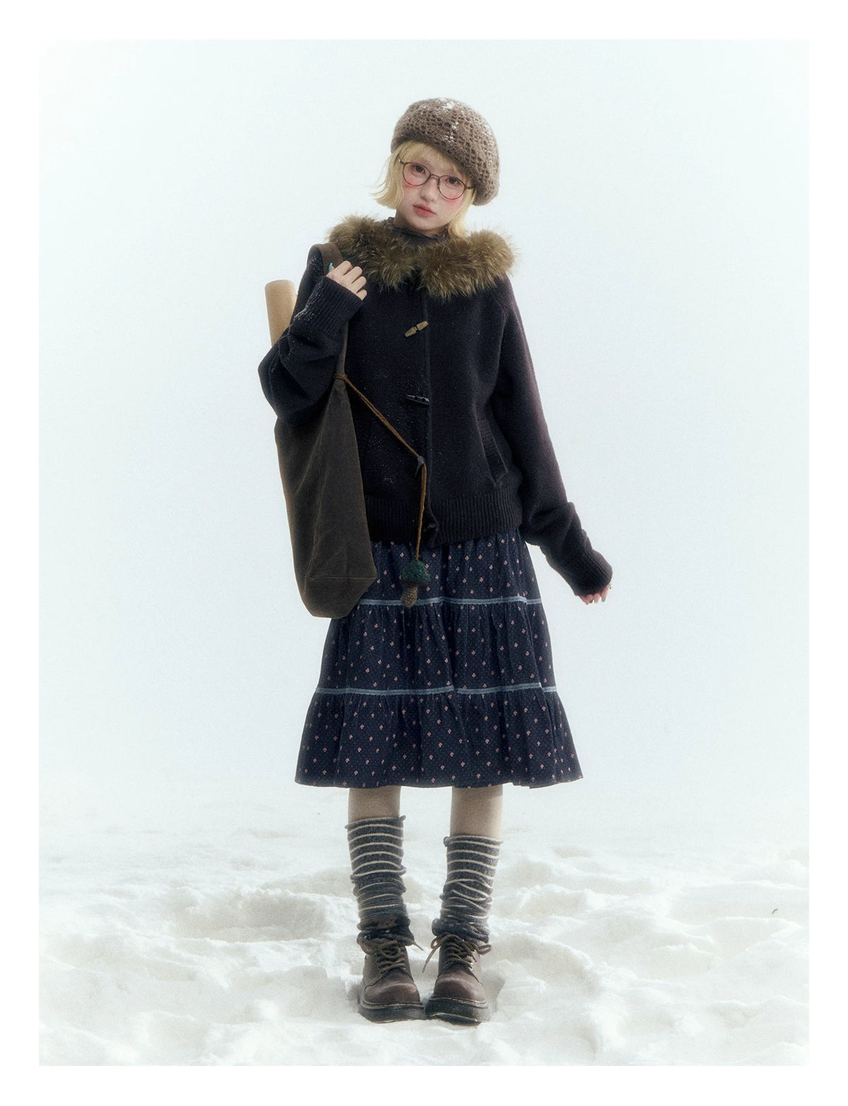 Horridale - Dark Coffee Brown Hooded Knit Cardigan with Detachable Faux Fur Collar