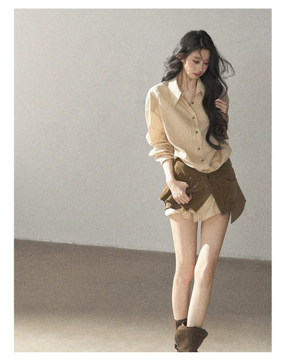 AOMALM - "Autumn Botanicals" Amber Yellow Striped Shirt & Wrap Faux Half-Skirt Set