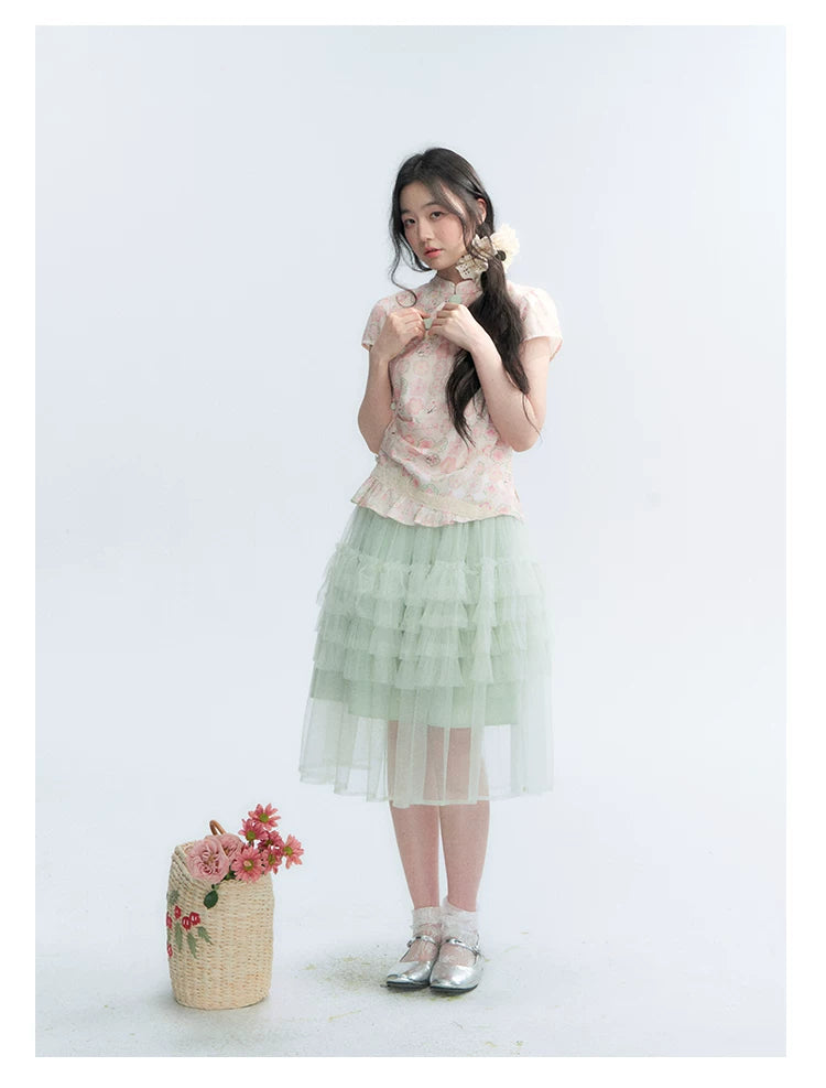 "Lime Mille-Feuille Glow" Peach Mist Chinese-Inspired Short Sleeve Top & Lime Green Tulle Tiered Skirt Set