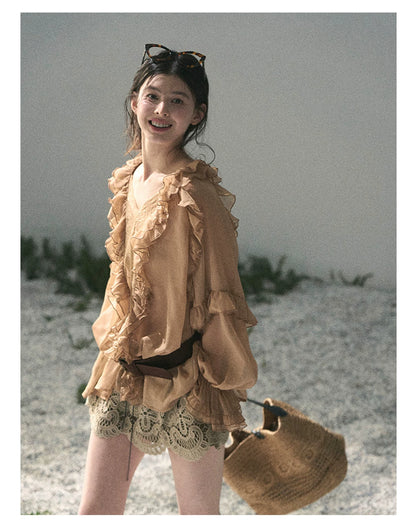 “Whispers of the Wind” Ash Caramel Lace Chiffon Blouse (With Belt)