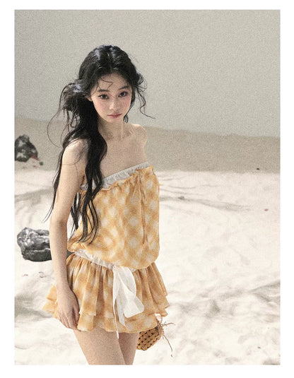 "Breeze Upon the Waves" Cheese Yellow Off-Shoulder Diamond Quilted Mini Dress