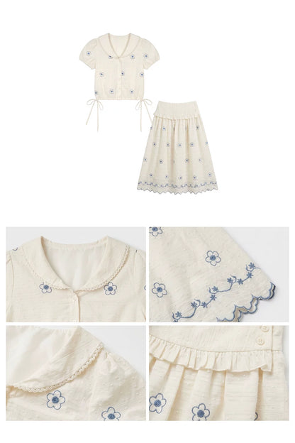 “Flower Sugar Soufflé” Cream Floral Embroidered Skirt Set