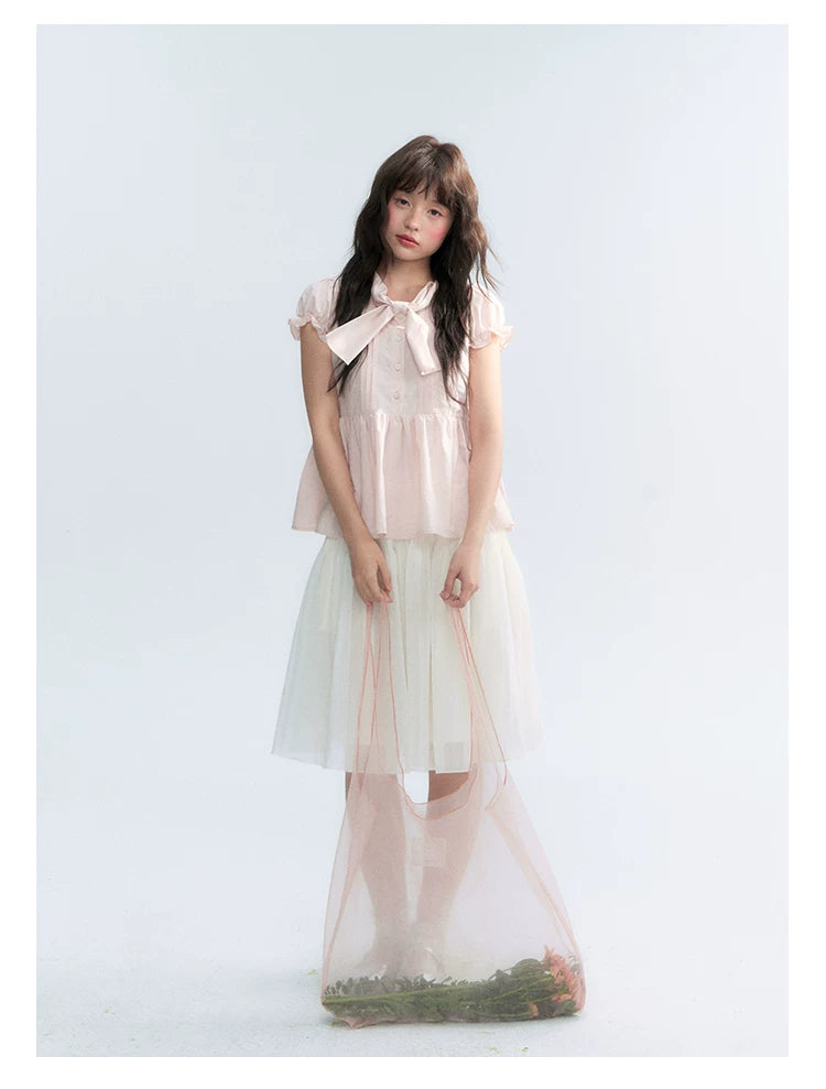 "Rosy Whisper" Dusty Pink Bow Embroidered Puff Sleeve Blouse