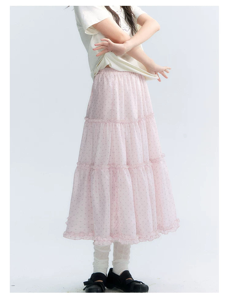 "Bubble Dream" Pink Lavender Polka Dot Tiered Midi Skirt