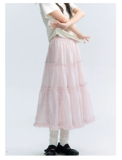 "Bubble Dream" Pink Lavender Polka Dot Tiered Midi Skirt