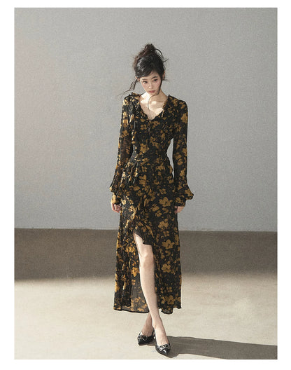 AOMALM - Black & Golden Brown Floral Ruffle Maxi Dress with High Side Slit