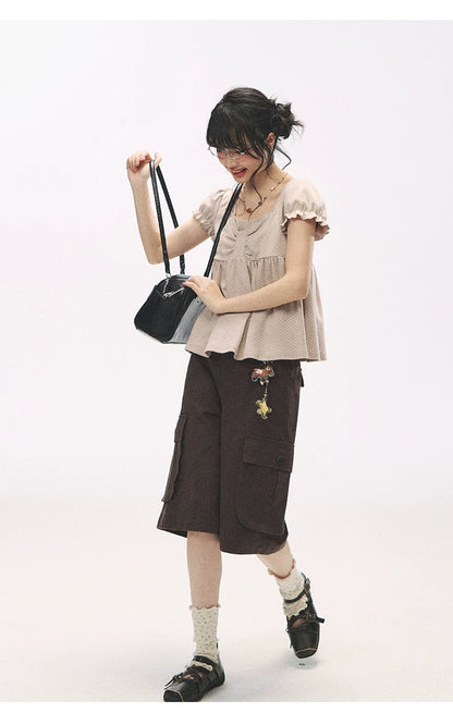 "Sweetheart Crew" Polka Dot Faux Two-Piece Bow Knit Short Sleeve Top