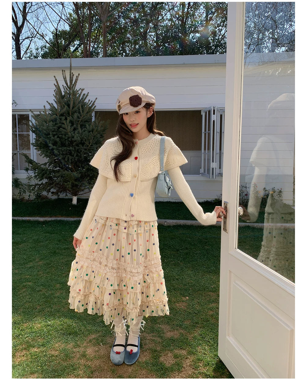 “Starlight Tulle Reverie” Apricot Polka Dot Mesh Skirt