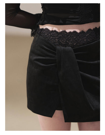 170726 "The Gentle Evening Breeze" Tranquil Black Lace-Trim Faux Layered Wrap Mini Skirt