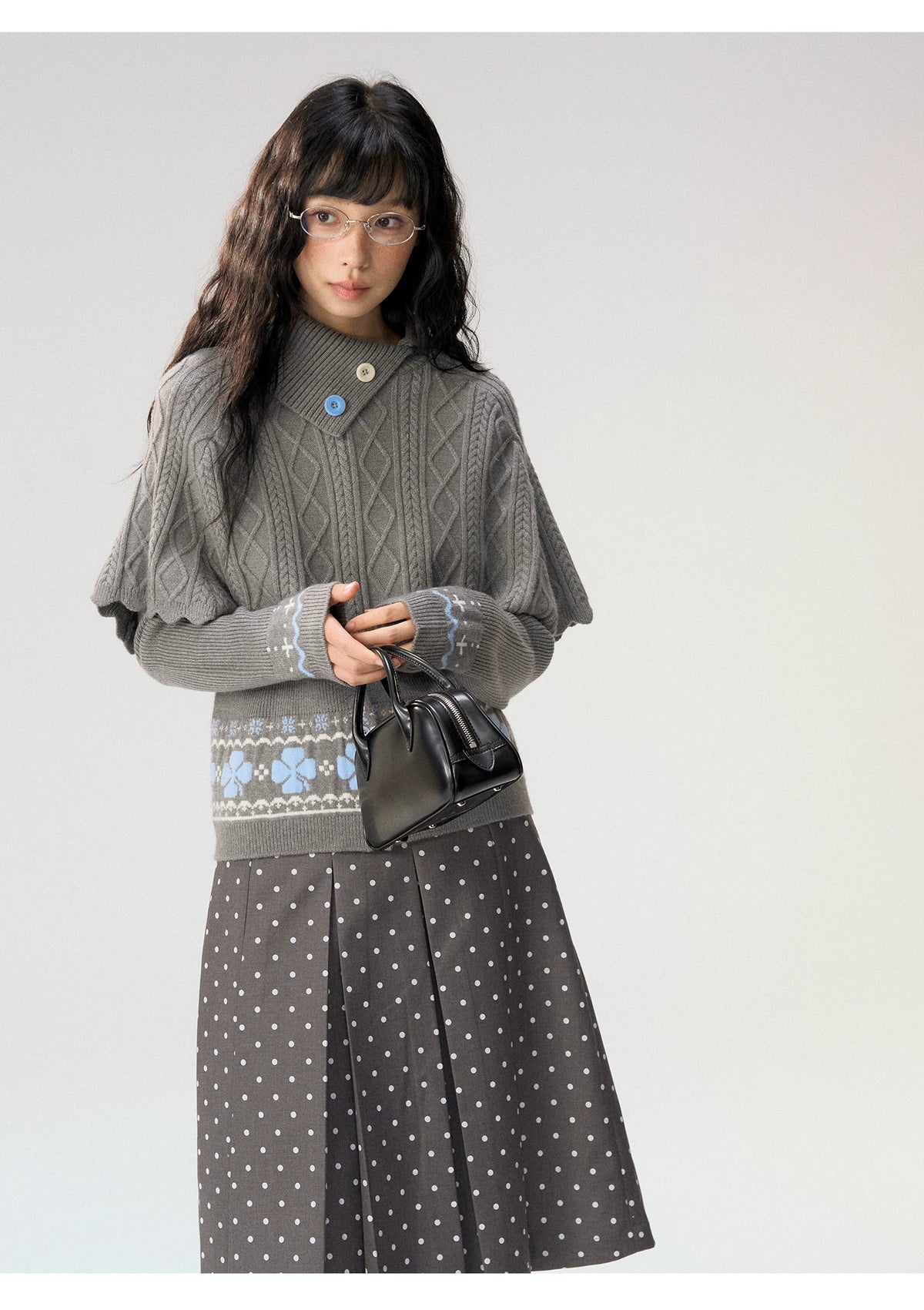 [CAN] “Misty Dot” Gray Polka Dot Pleated A-Line Midi Skirt