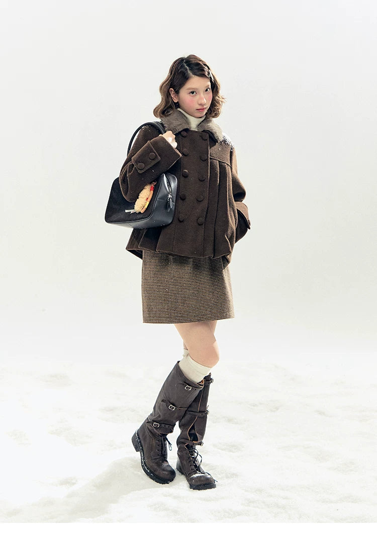 "Berlin Snowfall" Double-Breasted Quilted Wool-Blend Peacoat (Ivory/ Chocolate Brown)