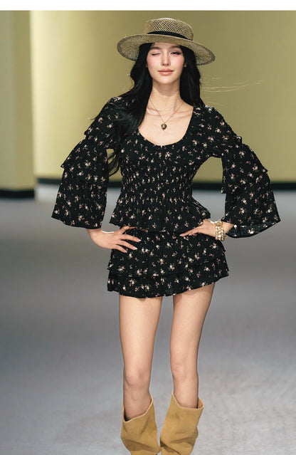 "Midnight Tea Garden" Black Floral Ruffle Blouse & Tiered Mini Skirt Set