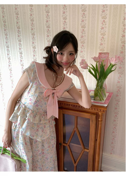 “Peach Blossom Ballad” Pink Floral Lace Maxi Dress