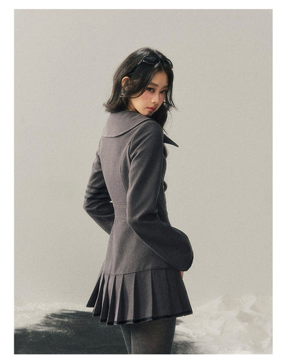 少也眼 “Delicia” Gray Preppy Bow Pleated Dress