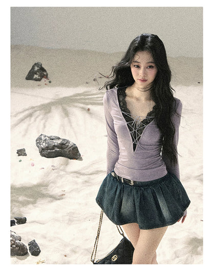 "Shimmer Across the Sea" Denim Bubble Skort (Rock Black/ Vintage Blue)
