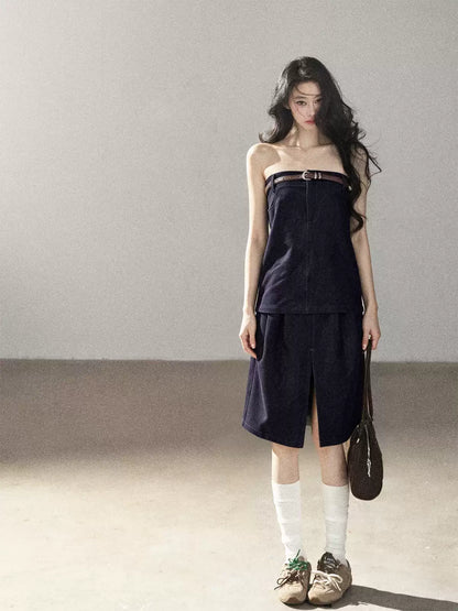 AOMALM - "Bluebell in Suspension" Navy Blue Korean Denim-Inspired 2-Piece Skirt Set