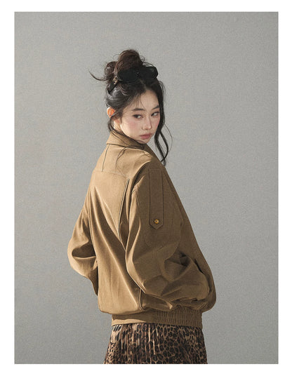 AOMALM - “Acorn & Fallen Leaves” Korean Leopard Print Chestnut Brown Faux Suede Jacket