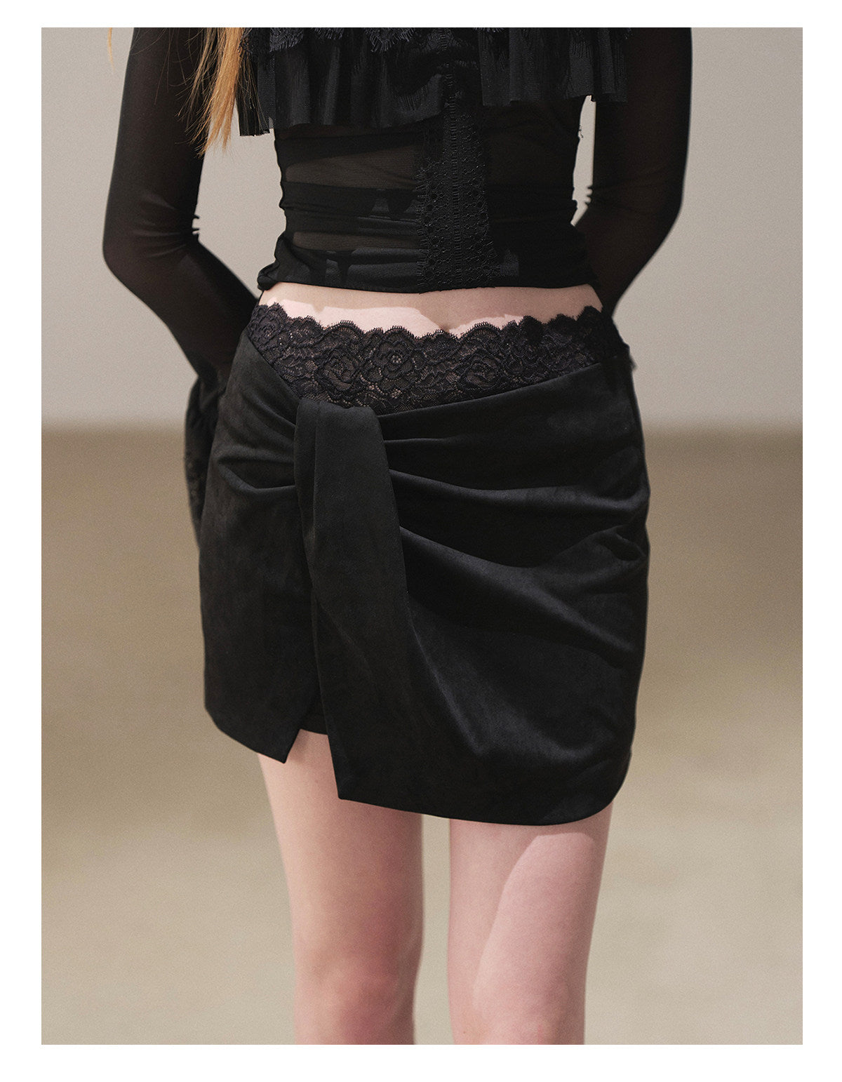 170726 "The Gentle Evening Breeze" Tranquil Black Lace-Trim Faux Layered Wrap Mini Skirt