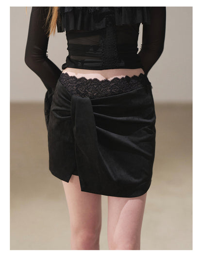 170726 "The Gentle Evening Breeze" Tranquil Black Lace-Trim Faux Layered Wrap Mini Skirt