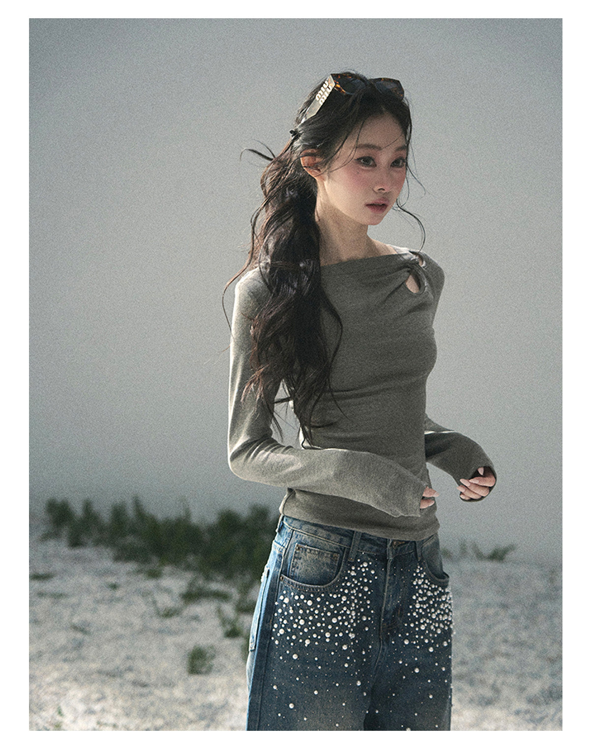 “Silent Verse” Ash Gray Asymmetrical Twist Top
