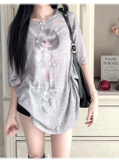 Gray & White Angel Original Licensed Two-Tone Vintage BJD Sheer Knit Cover-Up T-Shirt