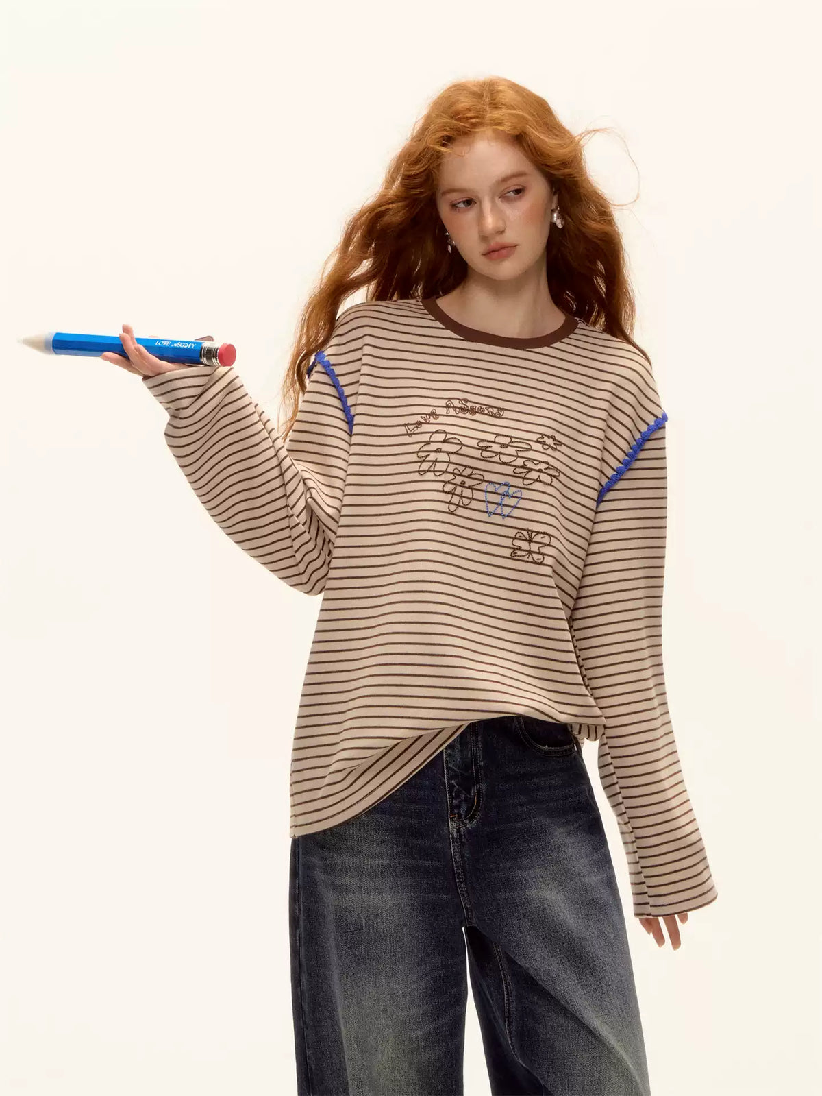ASGONY - Striped Contrast Embroidered Shell Stitch T-Shirt