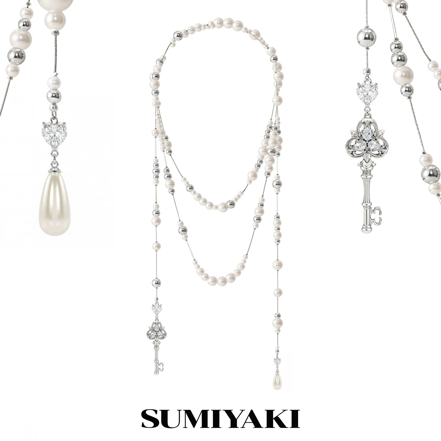 Vintage Key & Pearl Layered Long Necklace – Luxury Water Drop Charm Statement Necklace for Women