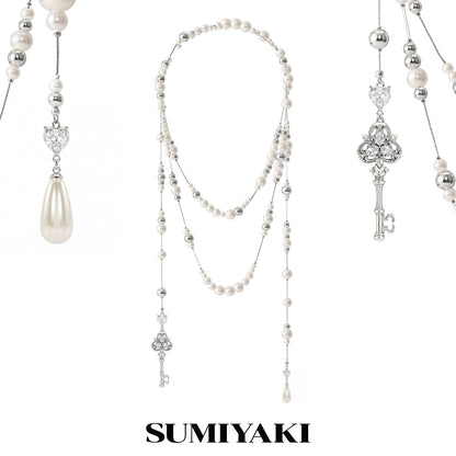 Vintage Key & Pearl Layered Long Necklace – Luxury Water Drop Charm Statement Necklace for Women