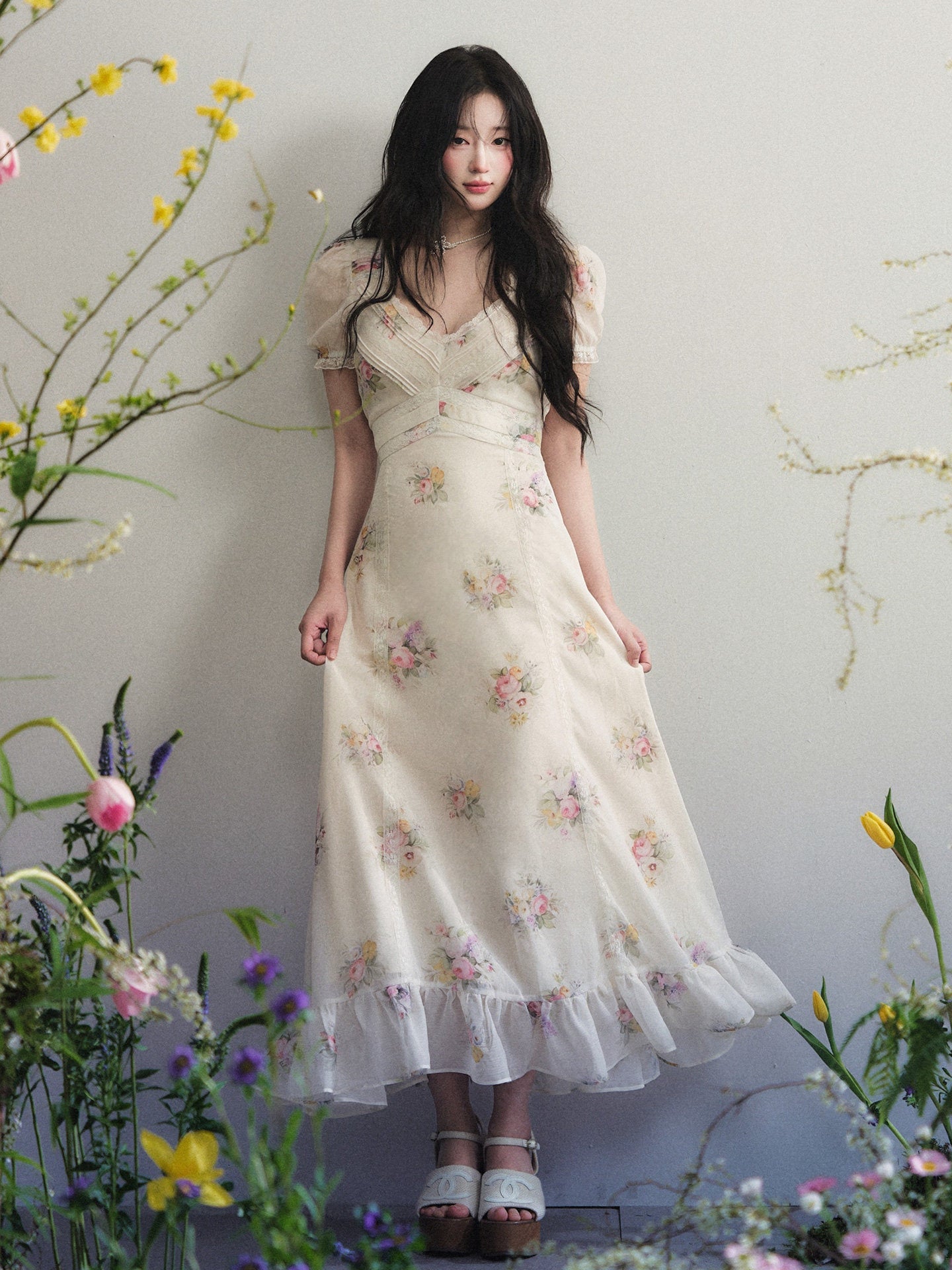 “Apricot Garden Waltz” Lace Trim Floral Mini Dress