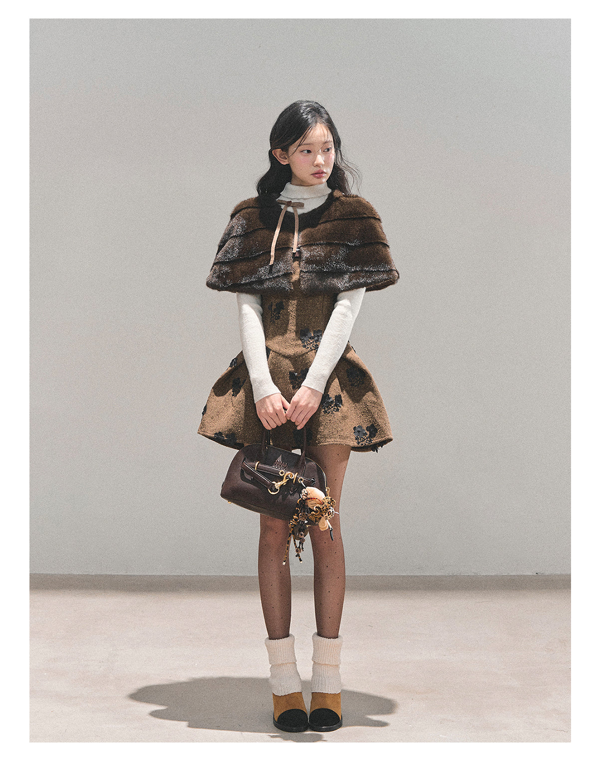 少也眼 “Whispers of Moss” Sparkle-Lined Gown with Faux-Fur Cape - Coffee/Deep Cocoa 6412124145