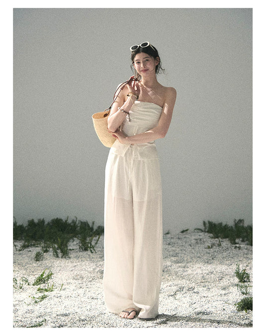 “Breath Across the Shoulders” Natural Beige Layered Bustier Top & Wide-Leg Trousers