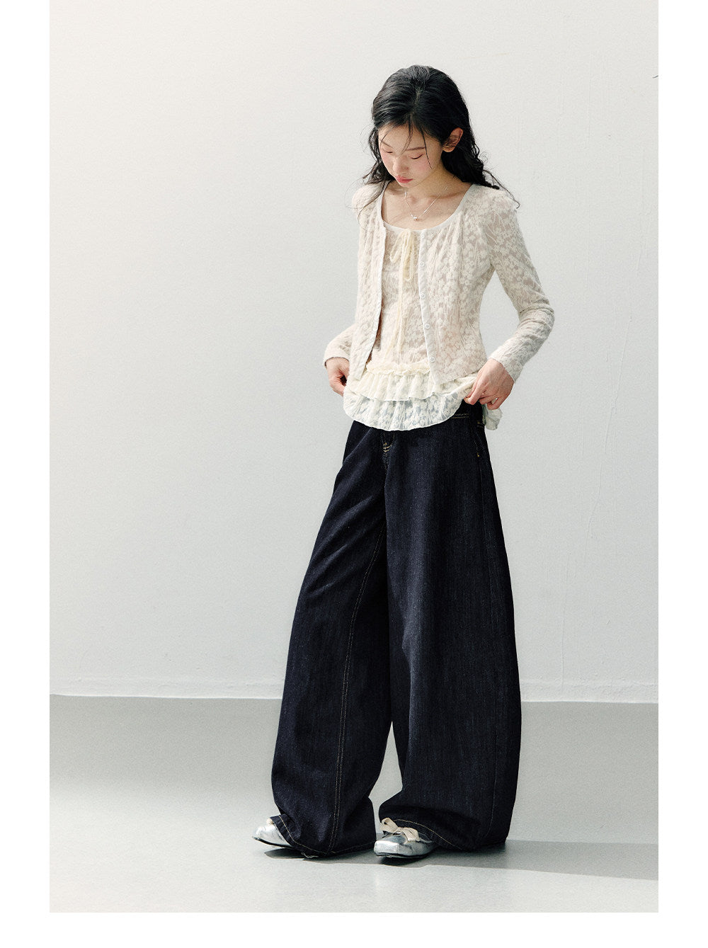 ANNATTO - Beige Apricot Faux Two-Piece Lace Long Sleeve Top & Blue Denim Pants Set