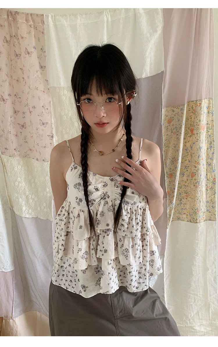 "Among the Blossoms" Soft Gray Floral Cotton Ruffle Cami Top