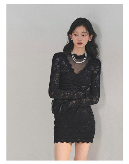 少也眼 “The Moment of the Full Moon" French Lace Winter Dress - Black 845613
