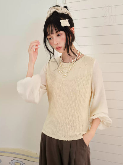 DAILY ARTIST - “Soft Woven Wind” Silk-Wool Sheer Sleeve Knit Top (Brown / Beige)