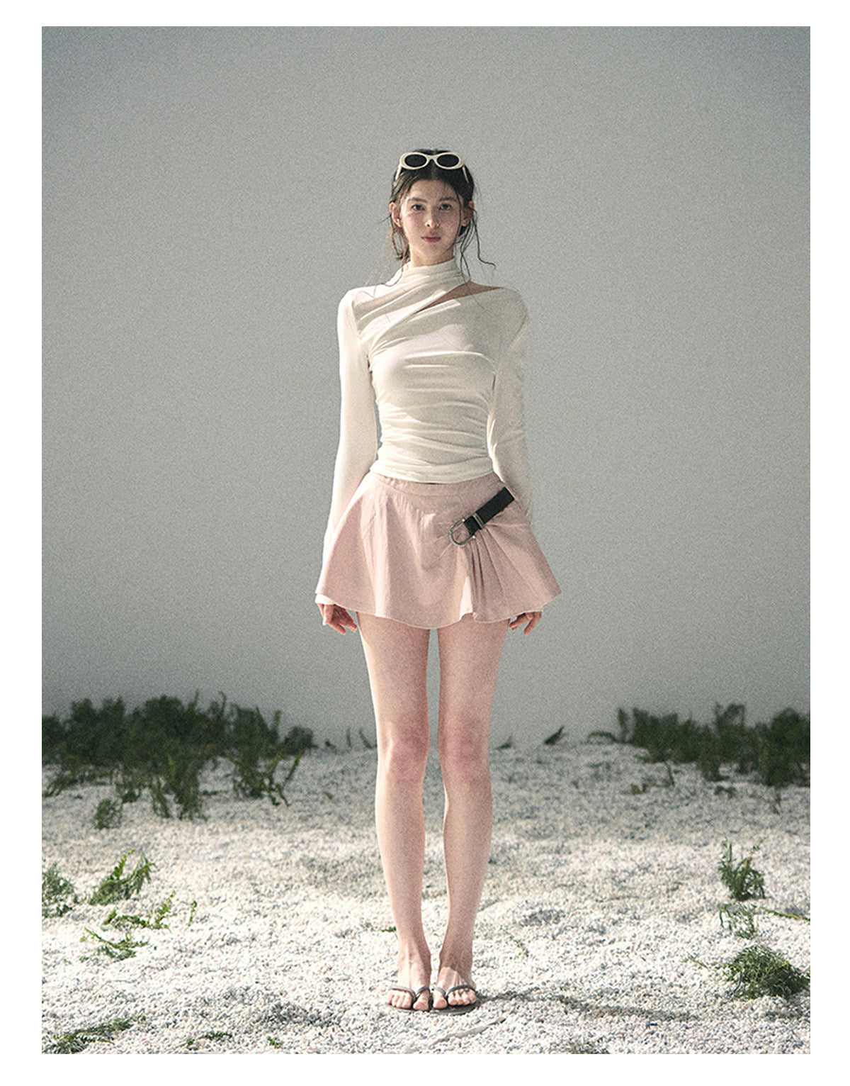 “Tidal Breath” Pearl White Draped Cutout Top
