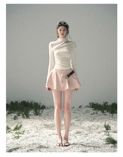 “Tidal Breath” Pearl White Draped Cutout Top