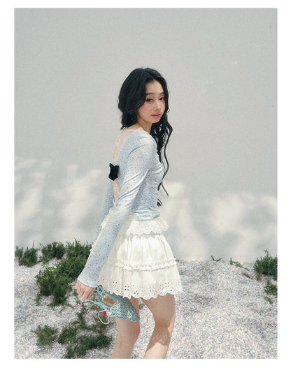 少也眼 "Heartbeat Pause" Baby Blue Back Lace Cut-Out Top 53685634