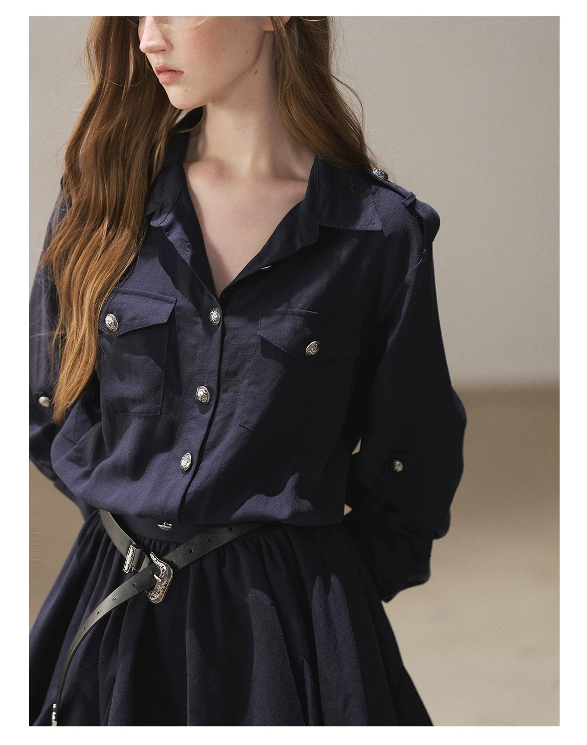 AOMALM - "Moonlight Sinks into the Sea" High-Intellect Utility Shirt Dress (Plain White / Navy Blue, with Belt & Optional Shawl)
