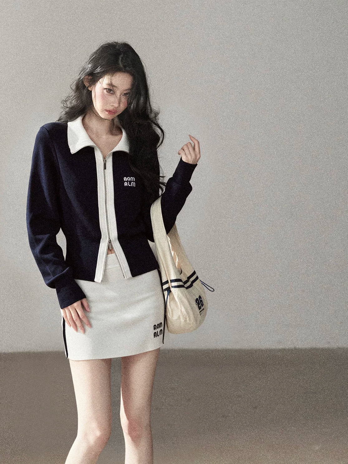 AOMALM - "Dream Beneath the Sea" Navy Blue Jacket & Mist White Mini Skirt Set