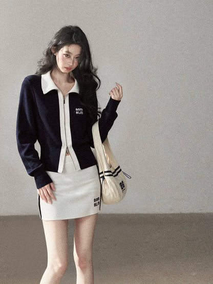 AOMALM - "Dream Beneath the Sea" Navy Blue Jacket & Mist White Mini Skirt Set