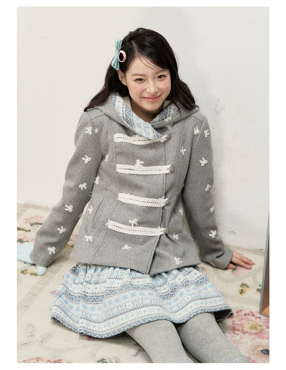[RF] Heather Gray Vintage Jacquard Hooded Jacket with Frost Mist Blue Details
