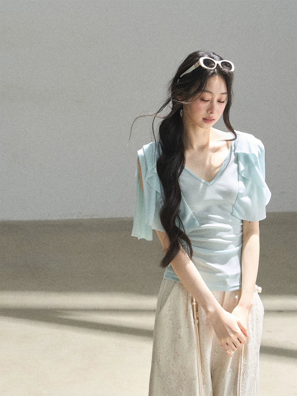 "Where Clouds Fall" Ruffle Sleeve V-Neck Crop Top (Forest Green/ Sage Gray/ Misty Blue/ Cinnamon Pink)