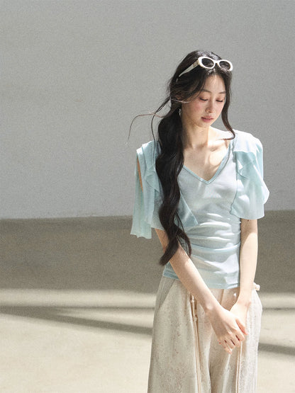 "Where Clouds Fall" Ruffle Sleeve V-Neck Crop Top (Forest Green/ Sage Gray/ Misty Blue/ Cinnamon Pink)