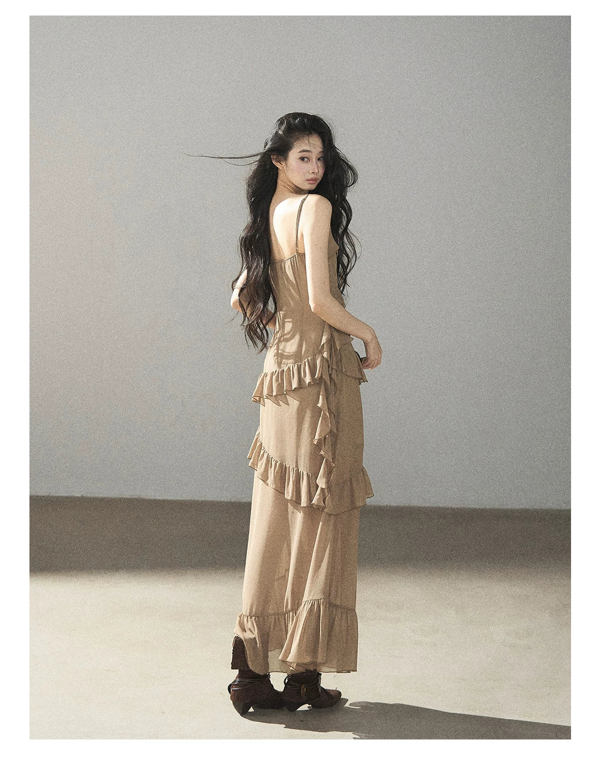 AOMALM - Cinnamon Gray-Brown Ruffle Chiffon Maxi Dress
