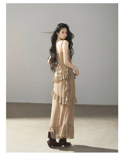 AOMALM - Cinnamon Gray-Brown Ruffle Chiffon Maxi Dress